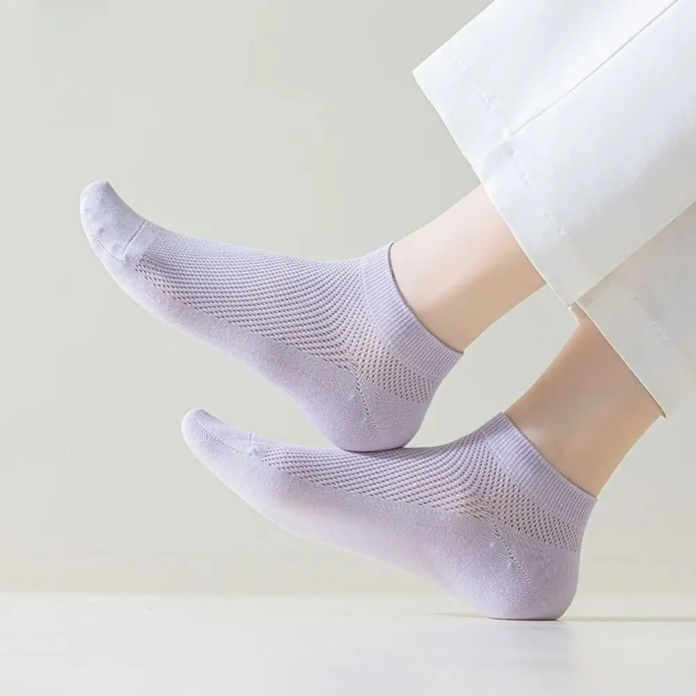 

5Pairs Solid Color Women Boat Socks Sweat Absorption Anti Slip Cotton Mesh Socks Breathable Hosiery Ankle Thin Socks Daily