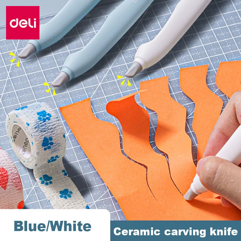 Deli Pen Type Ceramic Carving Knife Art Paper Box Cutter Utility Knife Micro Retractable Ceramic Blade Hand Safety Crafts Tool