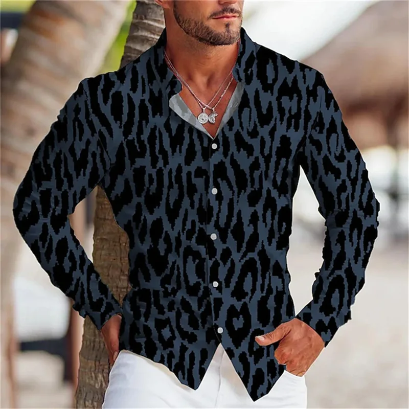 2023 new men\'s shirt leopard pattern lightened white casual long-sleeved button top clothing fashion design is comfortable S-6XL