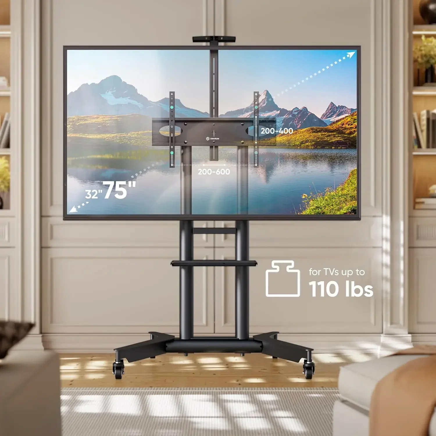 Mobile TV Stand on Wheels for 32-75 Inch Screen, max Load 132 lbs, Height Adjustable TV Portable Stand, VESA 200x200-600x400, TV