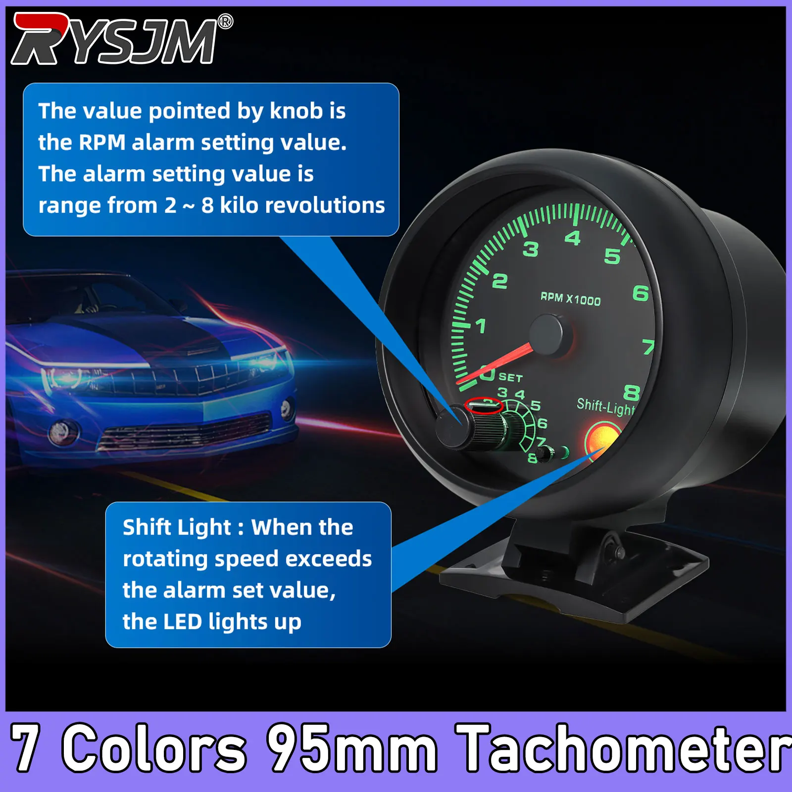  95MM Car Tachometer 3.75inch 0‑8000 RPM 7 Color Background Lights for 4/6/8 Cylinder 12V  Vehicles 12V Tacho Meter