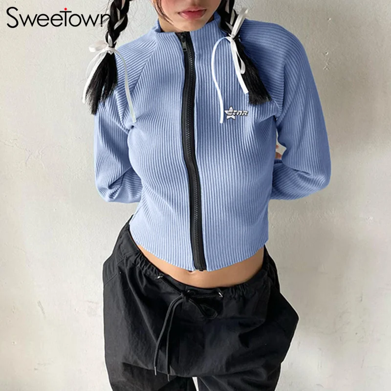 

Sweetown Contrast Zip Up Stand Collar Basic Street Crop Jackets For Women Star Embroidered Slim Long Sleeve Casual Sweats Tees