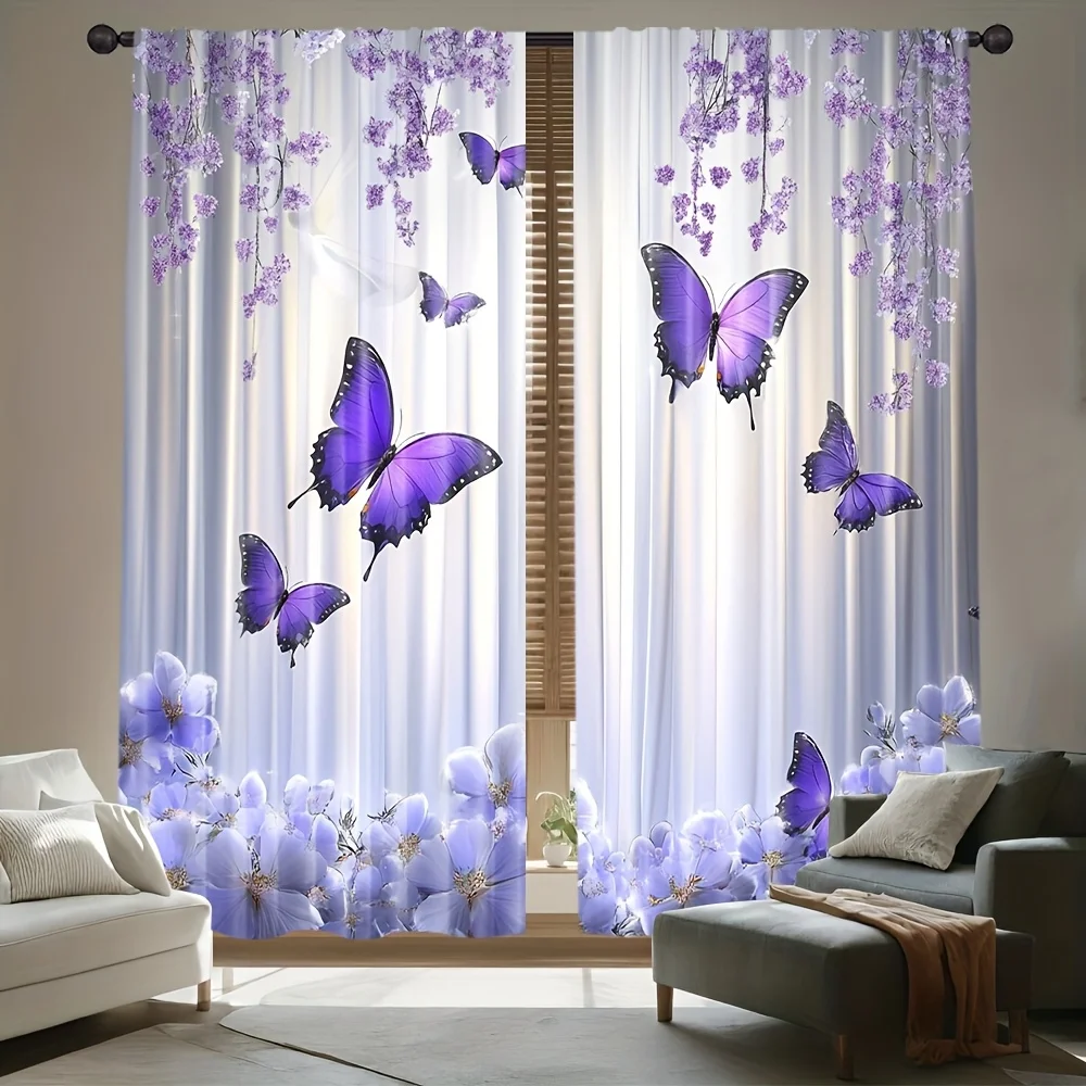 

Фиолетовая штора с цветочным узором в виде бабочек для гостиной, спальни, обеспечивающая уединение и декор, романтический стиль, полиэстеровая ткань, без карниза.