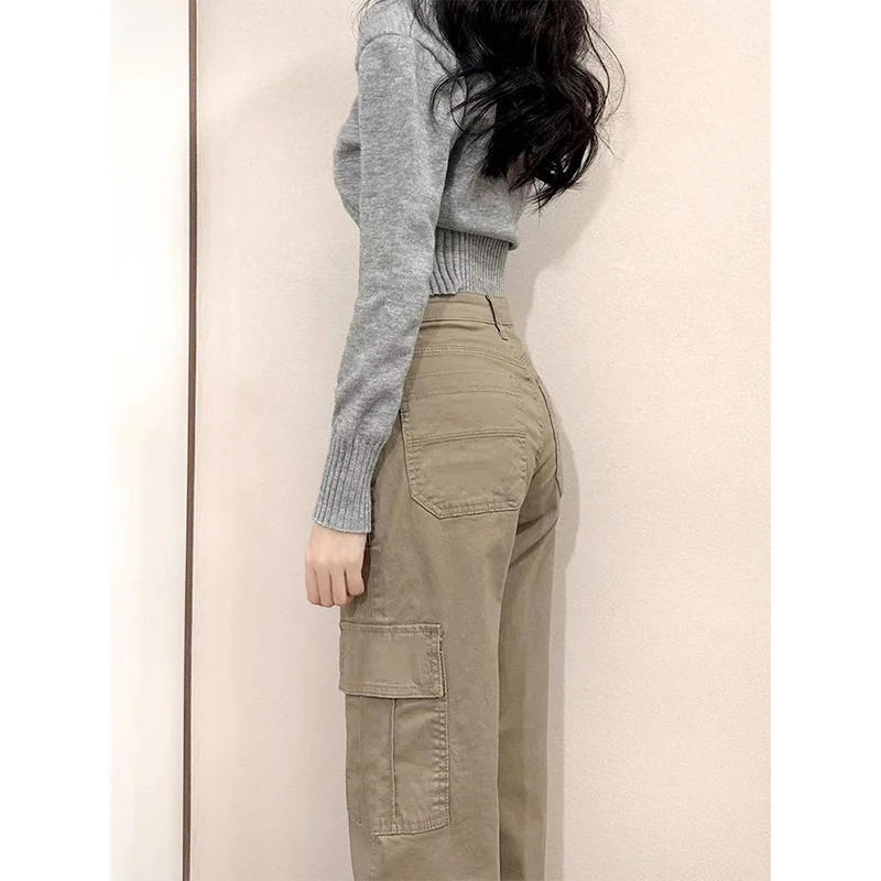 

Американские ретро-джинсы прямого кроя цвета хаки для женщин, летние, с высокой талией, широкие брюки, повседневные штаны