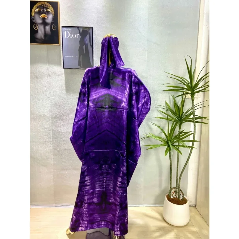 Customized New Summer Short Sleeve Robe Cotton Loose Lady Dress With Big Scarf Gold Stamping Boubou Maxi Islam Women African Aba
