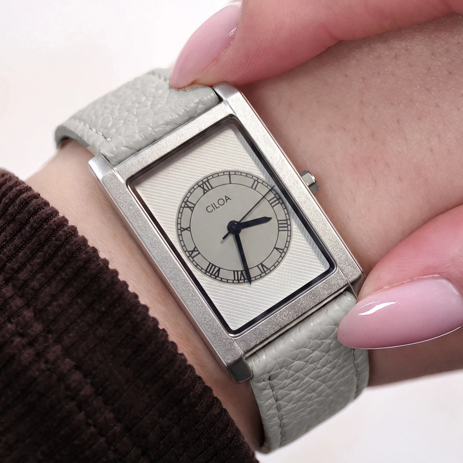 Retro Tank Style Rectangle Watch CILOA-Minimalist Grey Dial Leather Strap Classic Business Quartz Wristwatch for Men-516