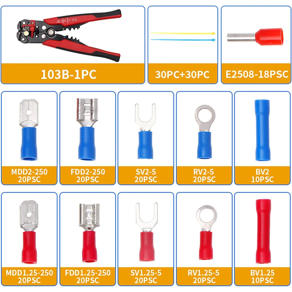 Folding pliers set, 260 pcs crimping cable terminal electrical connector heat shrink insulated wire box wire stripping pliers