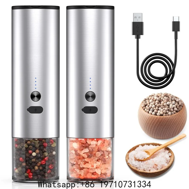 Electric Automatic Pepper Salt Grinder Type-C Rechargeable with LED Light Adjustable Coarseness Spice Mill for Kitchen Cooking