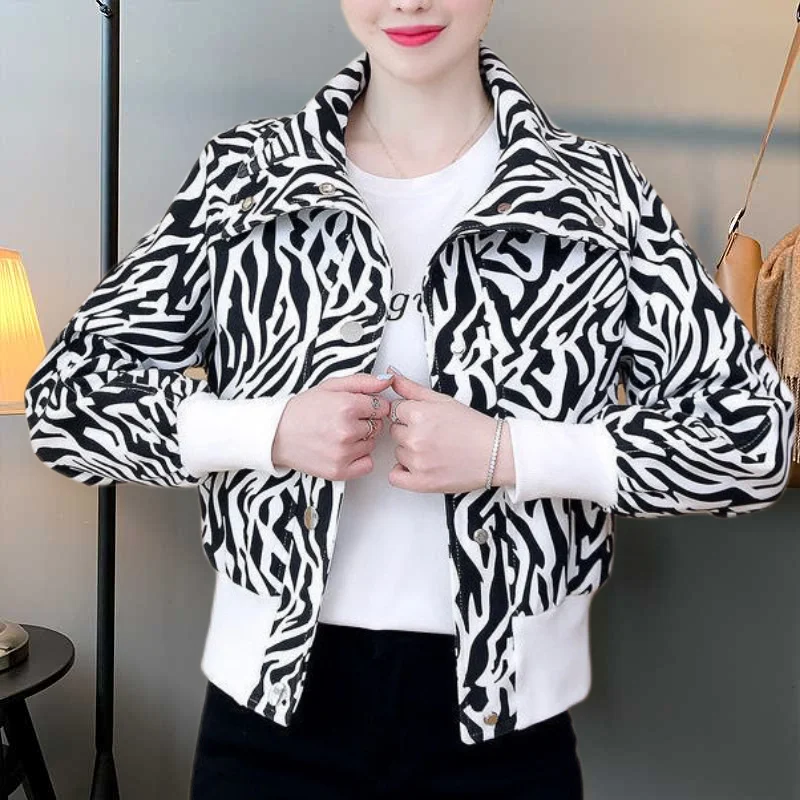 2023 Spring and Autumn Fashion Trend Loose Fitting Casual Standing Collar Leopard Print Westernized Short Versatile Women\'s Coat