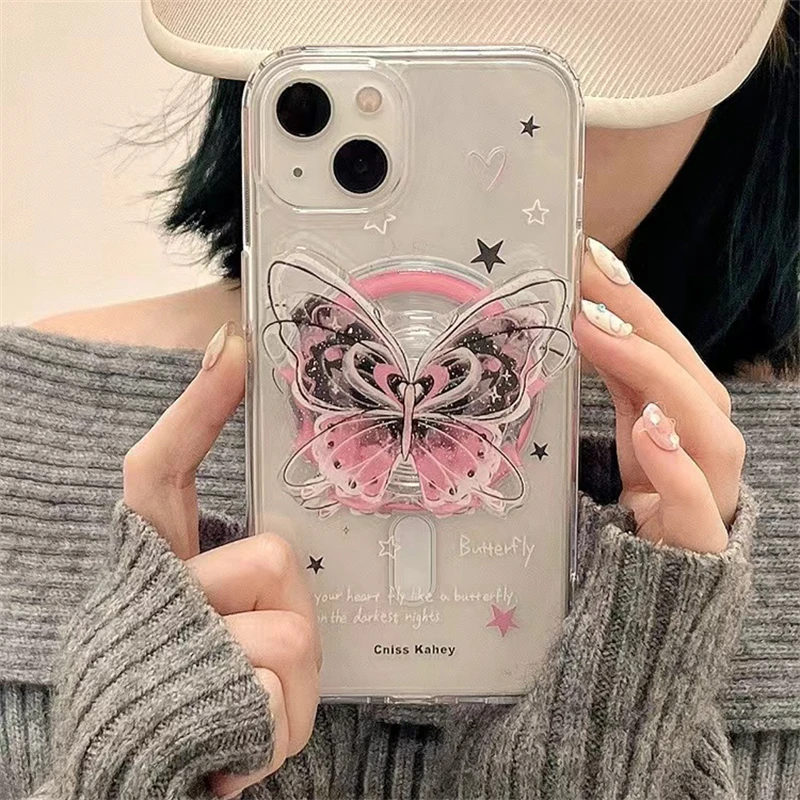 Korean Style Pink Butterfly Magsafe Magnetic Phone Stand GripTok Bracket for iPhone 17 16 15 14 13 Series Mobile Accessories