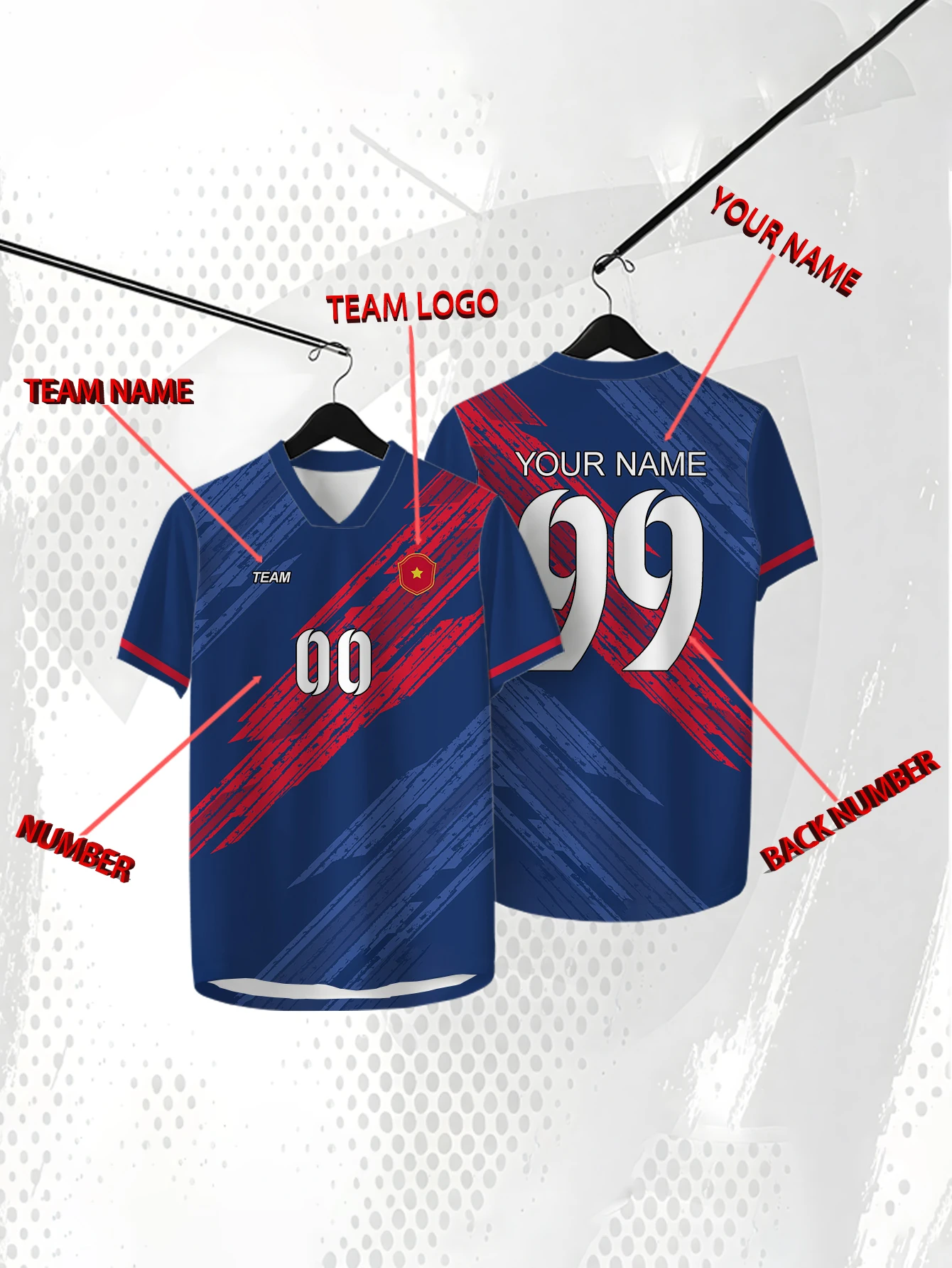 

Customized Geometric Blue Short Sleeved Shirt with Team Name, Emblem, Name and Number, Outdoor Sports Short Sleeved T-shirt