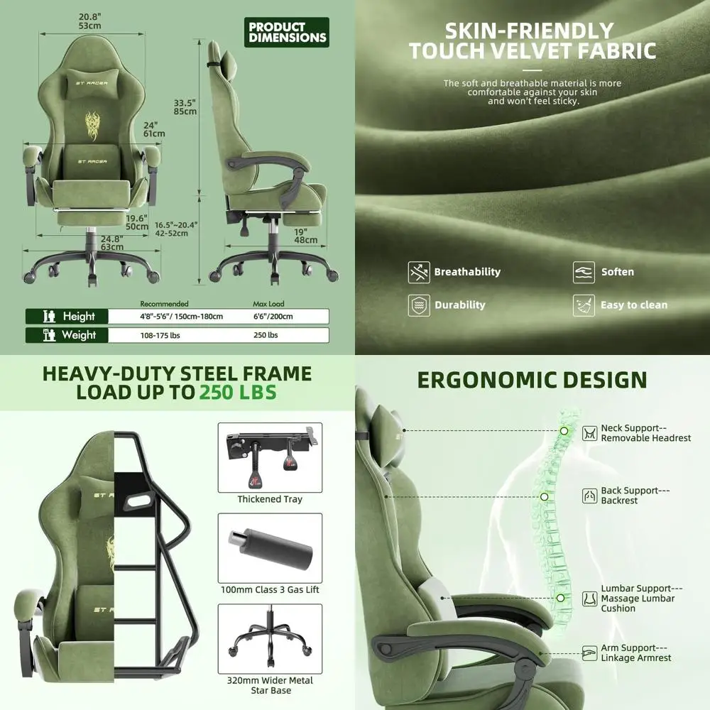 Cadeira de Jogos Ergonômica com Encosto Alto para Adultos: Assento Confortável para Video Game com Descanso para os Pés, Suporte Lombar com Massagem, Reclinável para Escritório