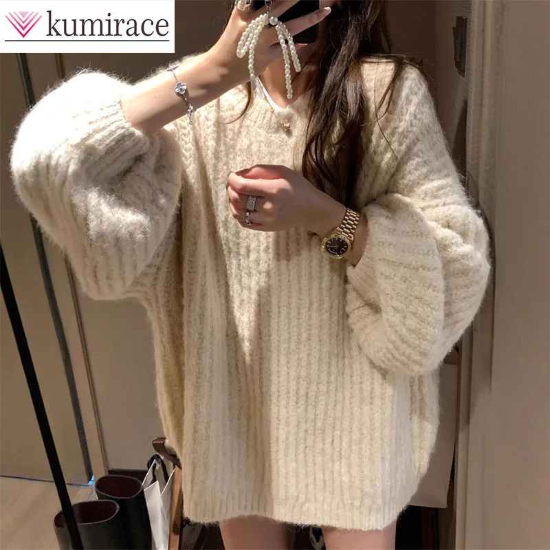 

Loose Round Neck Lantern Sleeve Sweater for Women, Autumn and Winter New Item, Solid Color Knitted Plus Size Top for Women