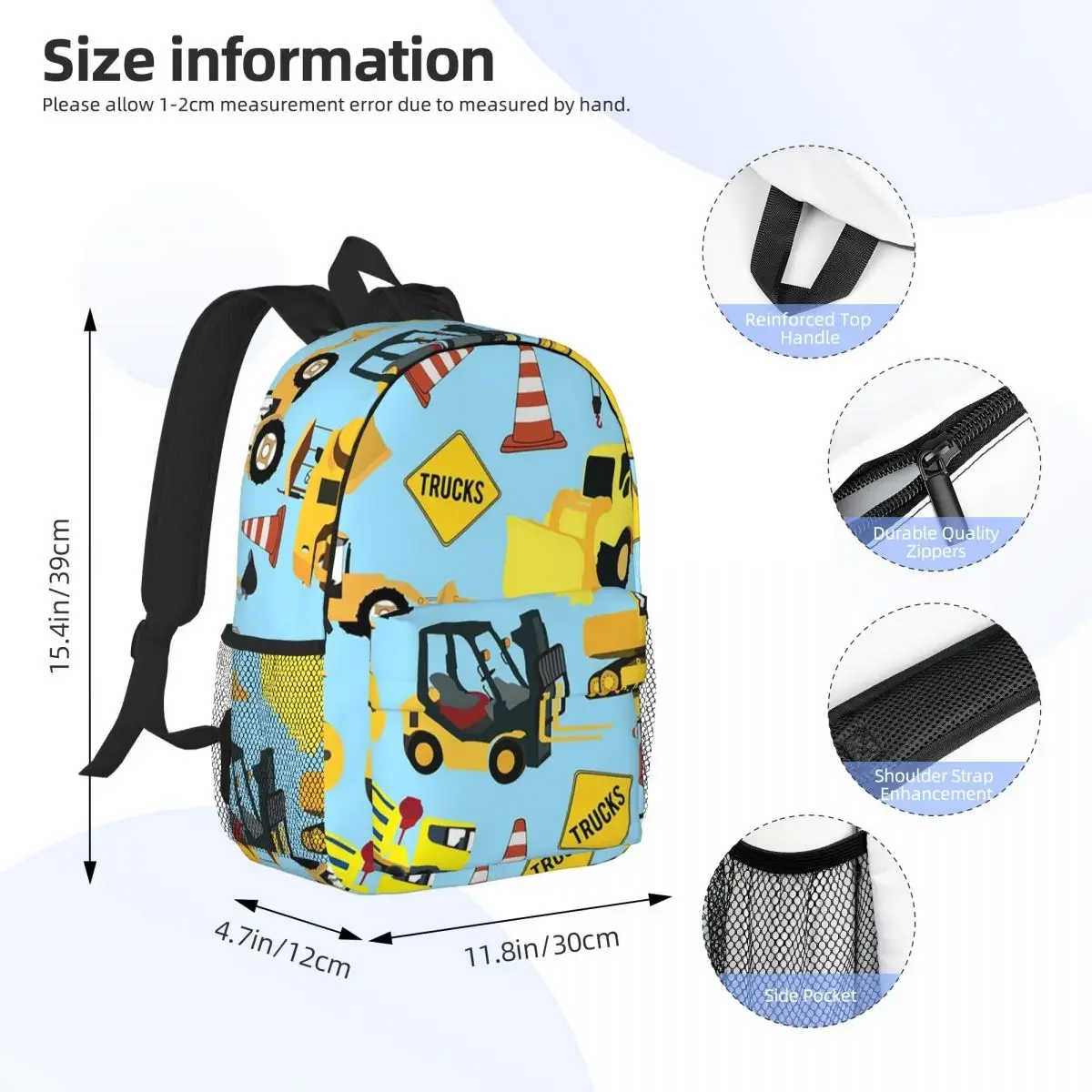 Construction Trucks Vehicles - Excavator Backhoe And More Backpacks Boys Girls Bookbag Children School Bag Rucksack Shoulder Bag