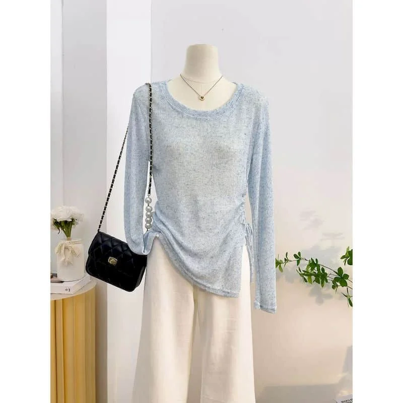 

Футболки для женщин, вязаные ледяные шелковые топы с v-образным вырезом и солнцезащитным кремом, сексуальные повседневные летние одежды в корейском стиле с завязками и длинными рукавами