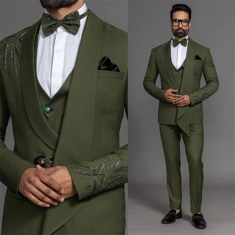 3 Pieces Oliver Green Men Office Suits Set For Wedding Formal Sequins Beads Groom Tuxedo Business Jacket+Pants+Vest Custom Made