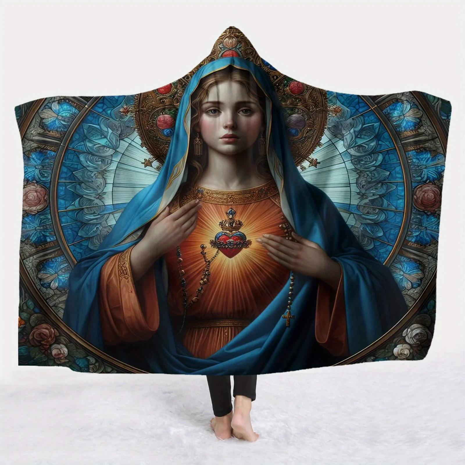 1pc Virgin Mary Heart Glow Hooded Blanket Soft Warm Flannel, Digital Print | Suitable for Sofa, Office, Bed, and Travel Print