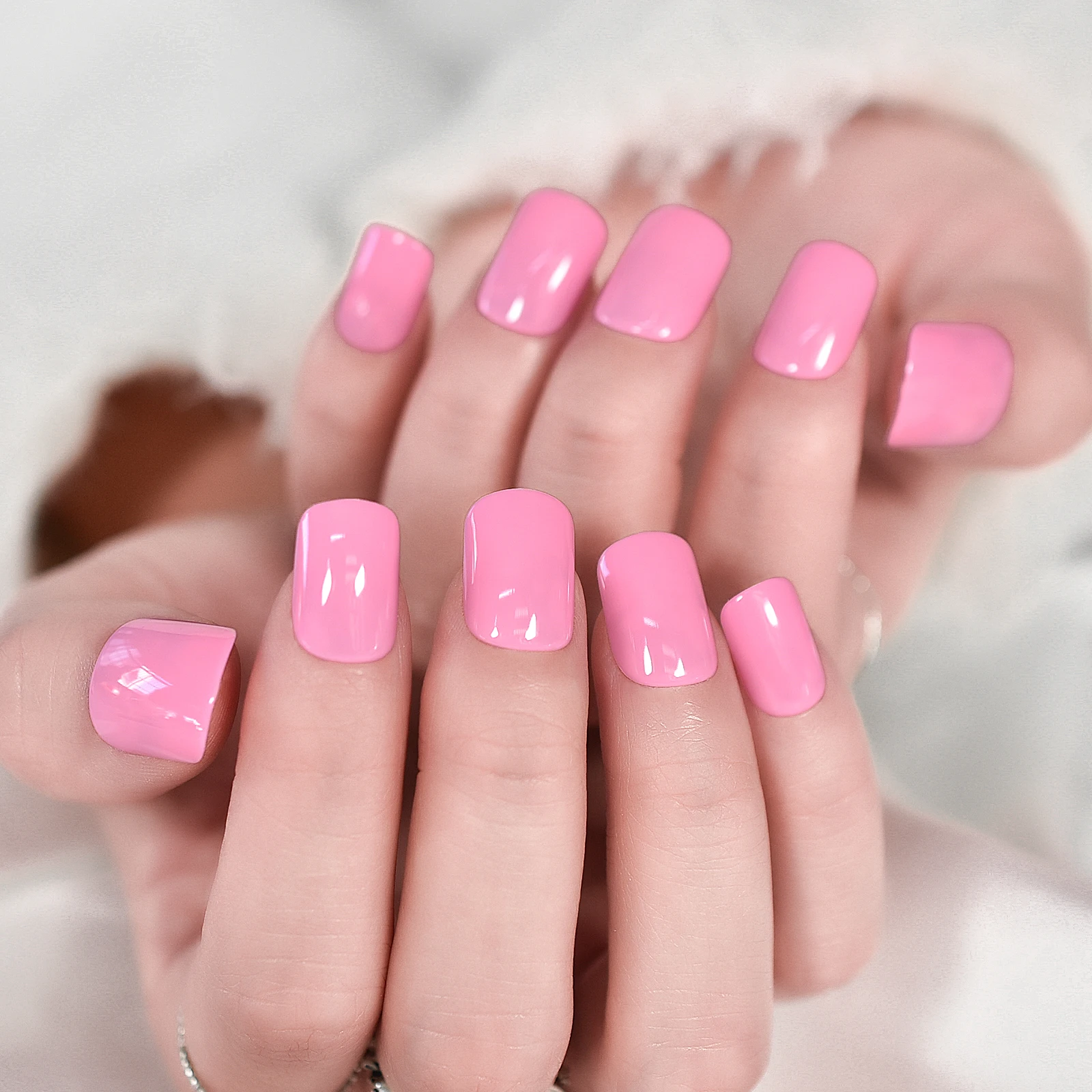 Soft Gel Nails Glossy Fake Nails Art Shoer Square Fingernails Press On Nails Solid Color Pink Manicure At Home With Sticker Pads