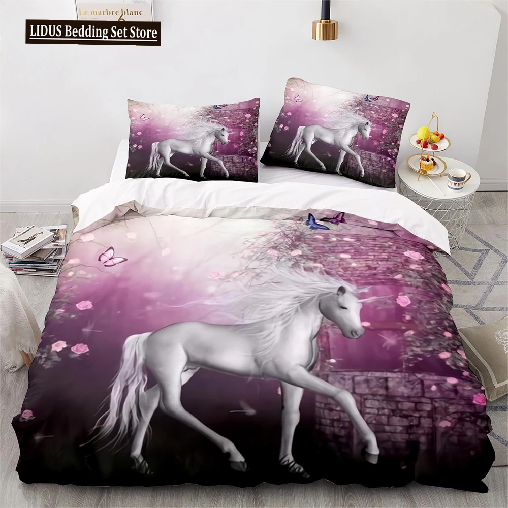 

Unicorn Duvet Cover Set Twin Size White Unicorn Bedding Set Girls Kids 3D Purple Gifts For Children Teens Polyester Bedding Set