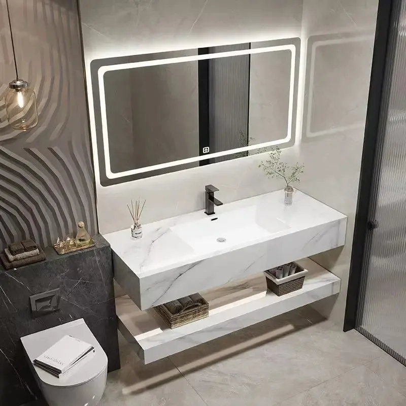 

Modern Integrated Rock Slab Bathroom Double Basin Vanity Wall-Mounted Dressing Table with Floating Sink Ceramic Marble Cabinet