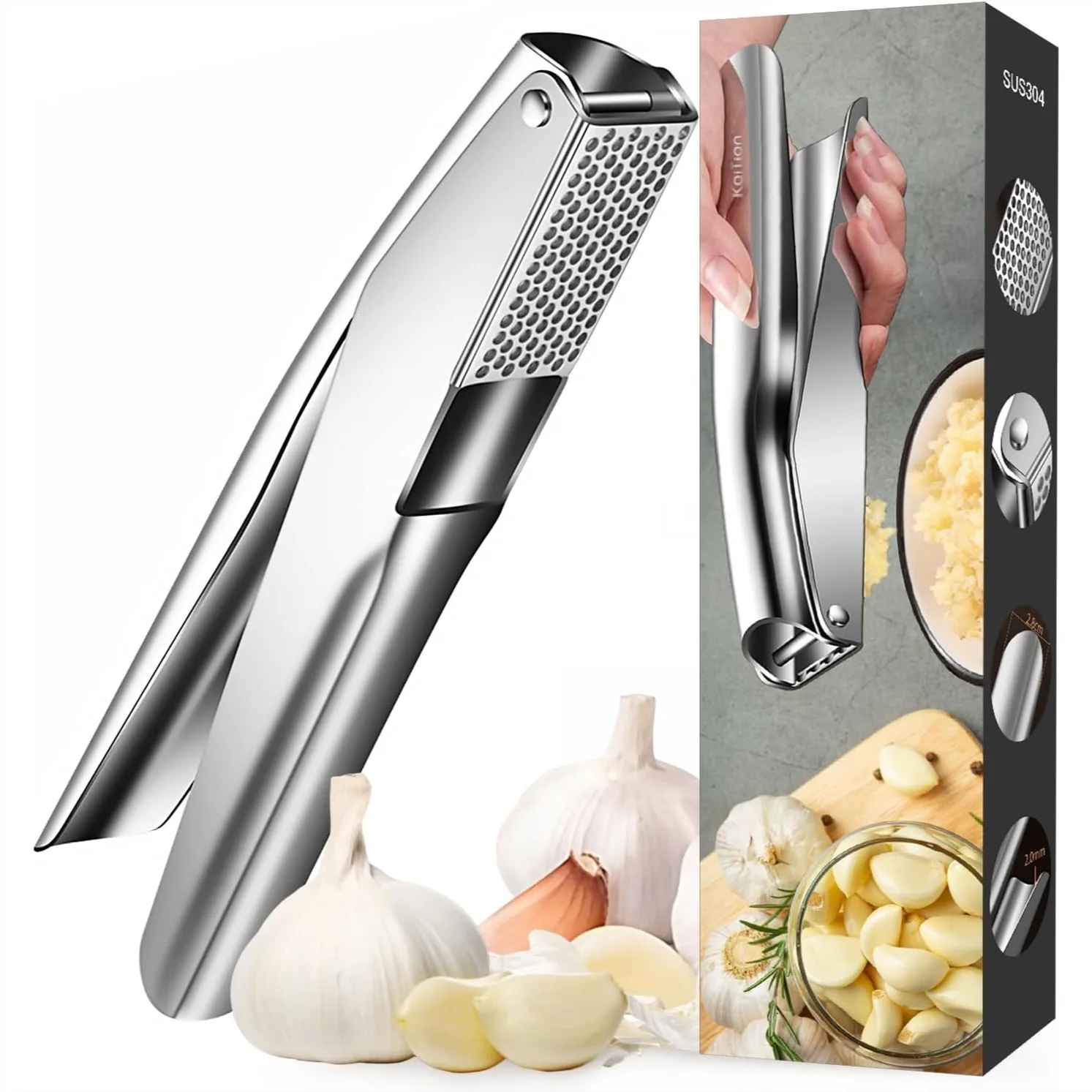 Prensa de Ajo de Acero Inoxidable, con Asas Ergonómicas, Fácil de Limpiar, Cámara de 5 cm para Salsas de Pasta y Marinadas