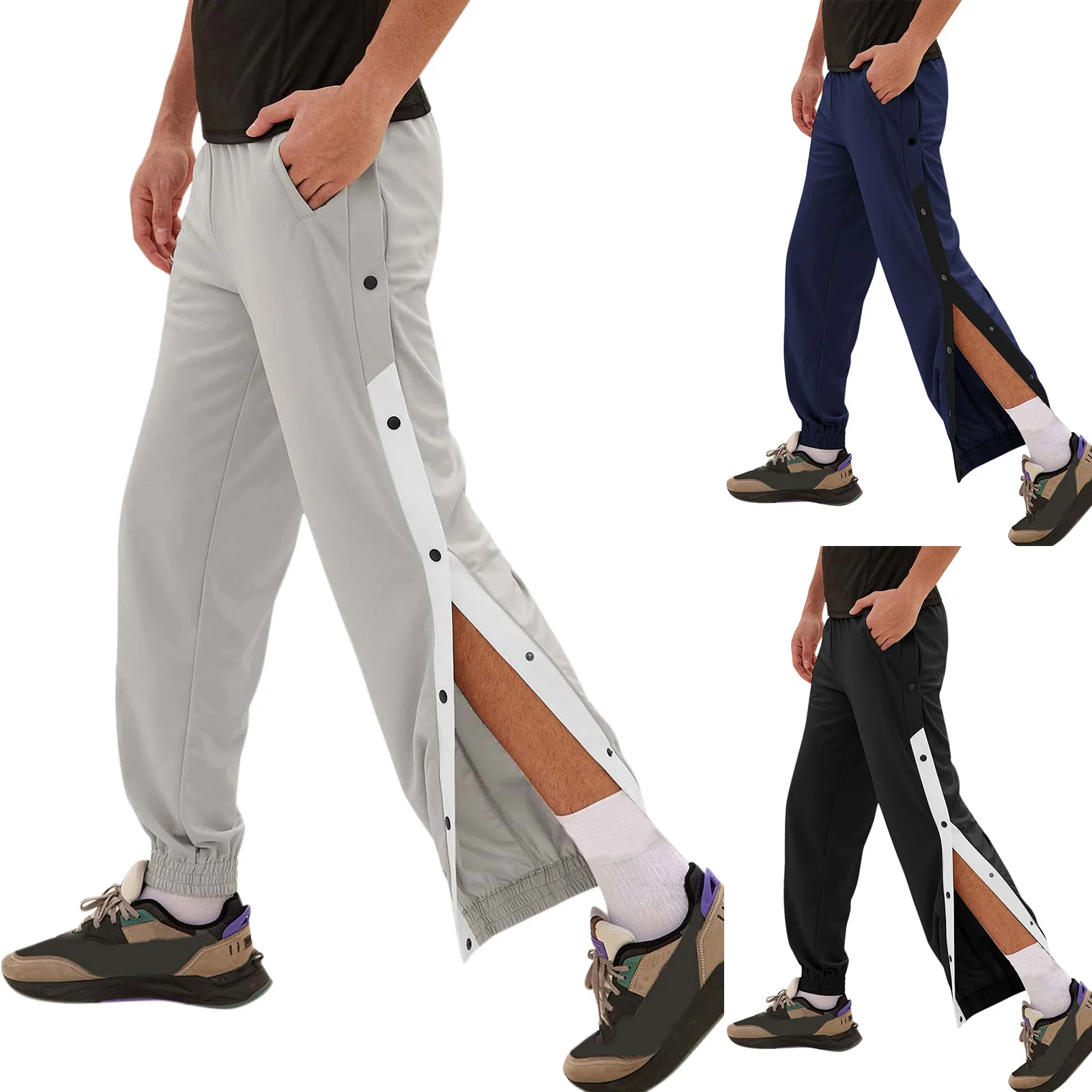 Fashion Mens Casual Pants Bottoms Gym Fitness Workout Sport Trousers Man Elastic Waist Side Split Button Sweatpants Jogger Pants