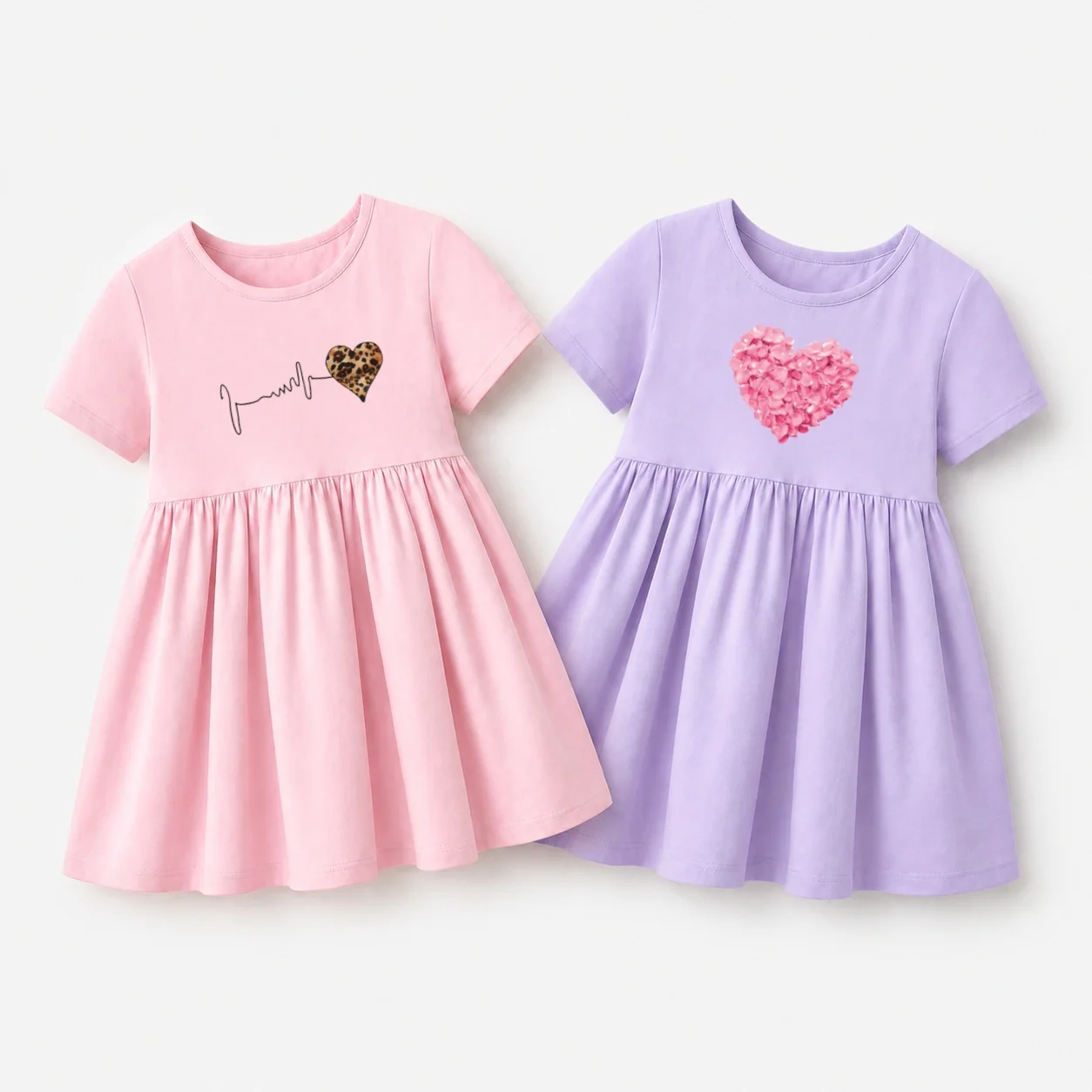 3-14 Jahre Kinder Herz-Leopardenmuster Niedliches Kleid Sommer Lässige Kurzarm-Kleidung Baby Mädchen Baumwollkleider