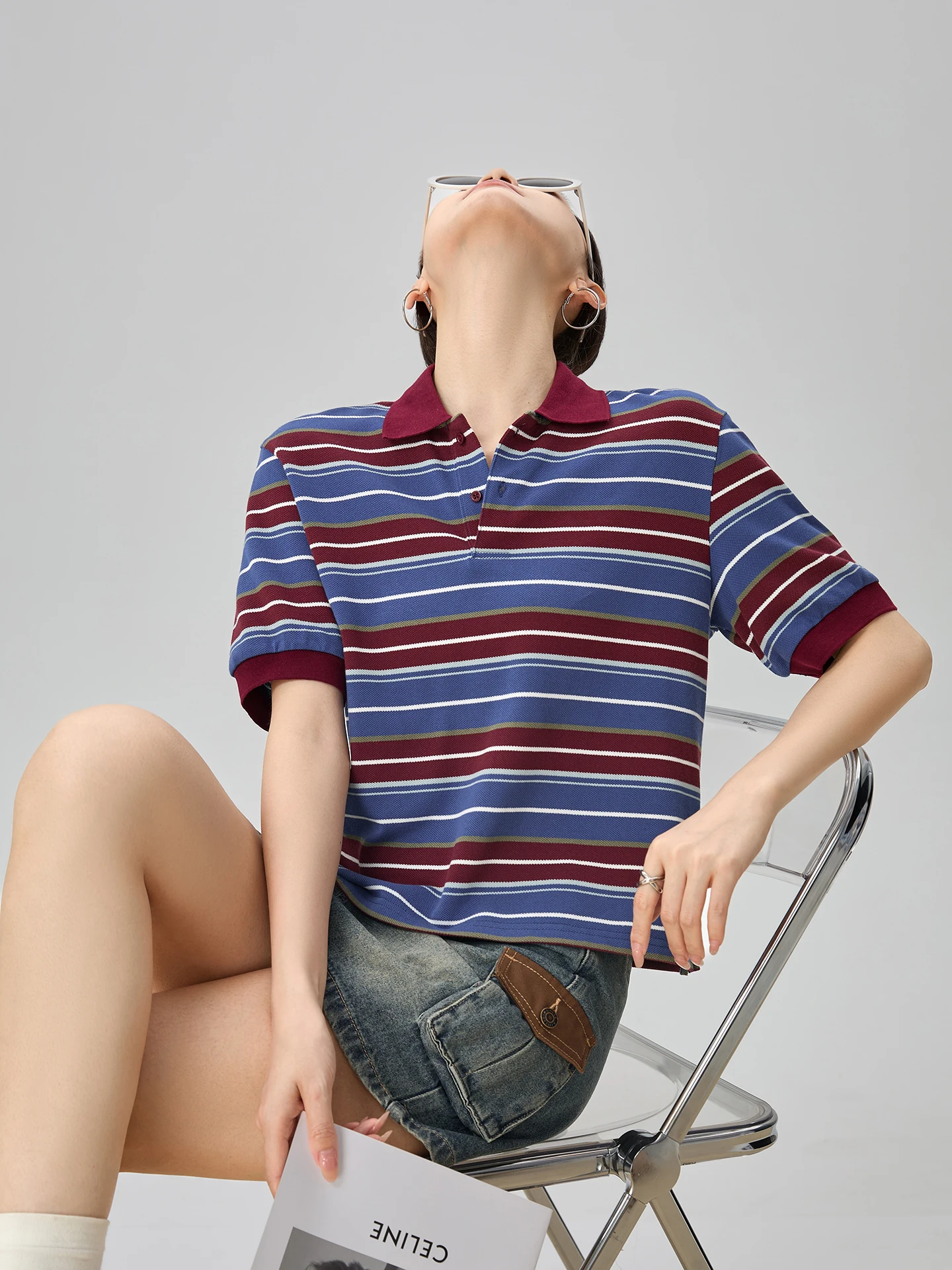 

Yang Caiyu Color Block Stripe Shirt Short Sleeve Women's Summer Design High End Unique Top Commute Style Korean Version