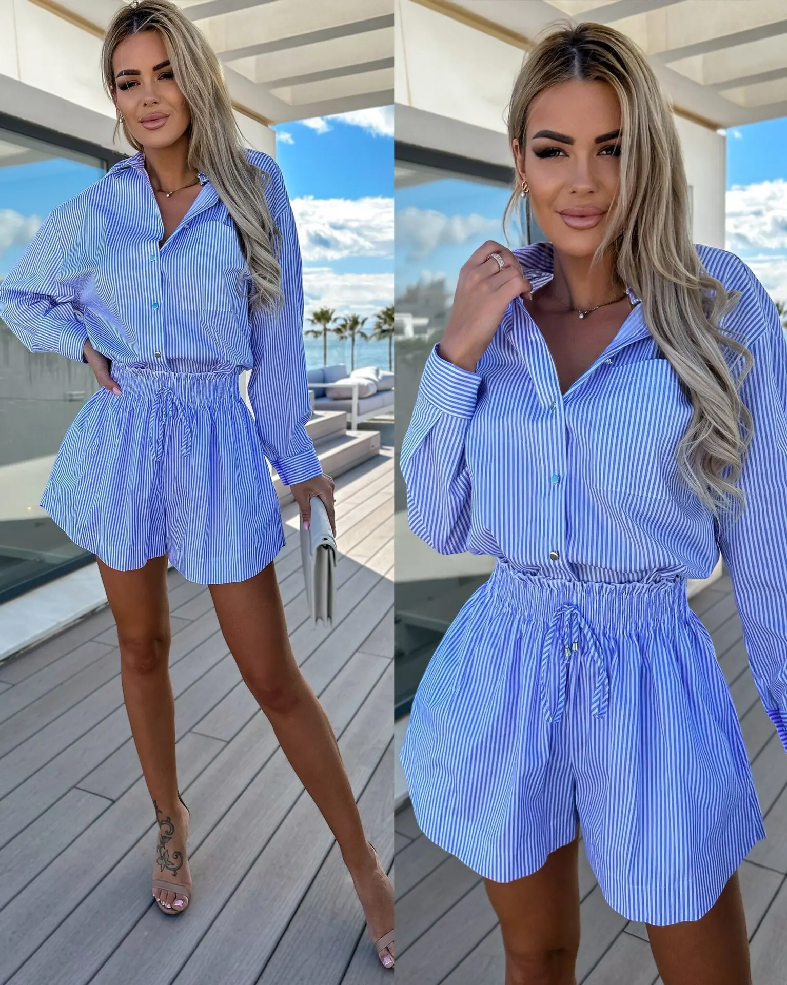 

Summer Shorts Suit Casual Striped Women Pajamas Set Fashion Blouse Shirts Top Loose Shorts 2 Pieces Set Sleepwear Outfits