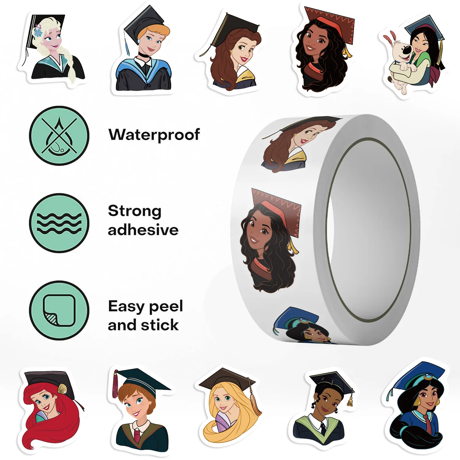 500 Piezas/Rollo de Pegatinas de Sellado de la Temporada de Graduación de las Princesas de Disney, Rollo de Calcomanías Creativas de Dibujos Animados para Decorar Equipaje, Teléfonos, Guitarras y Juguetes para Niños