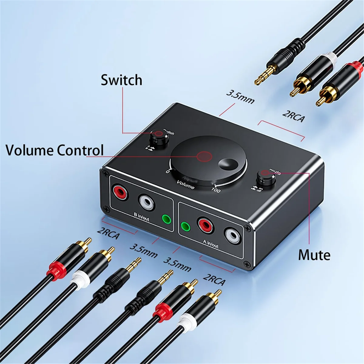 ABUO3.5mm RCA Stereo Bi-Directional Audio Switcher 1 in 2 Out or 2 in 1 Out 3.5mm 2RCA Audio Switcher with Mute Button