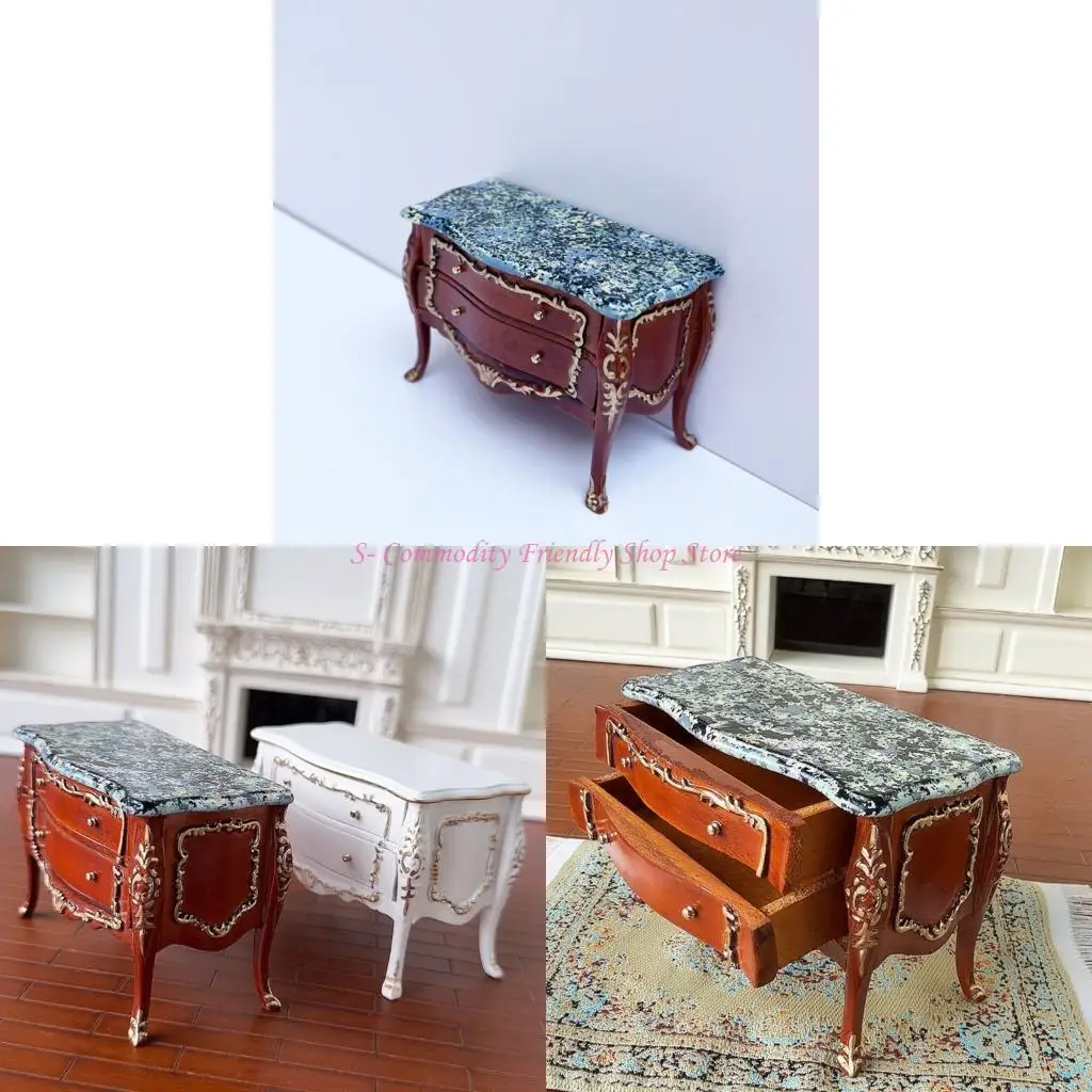 

85AE Dollhousess Display Cabinet 1:12 Scale European Dollhouses Cabinet With Gold Trim 2 Drawers For Miniature Storage