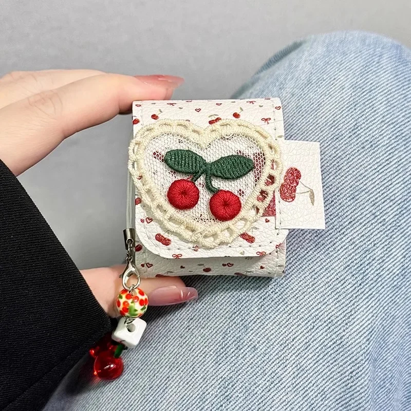 Cute Embroidered Cherry Pendant Flip Cover Wireless Bluetooth Headphone Case for Airpods1/2/3/4/pro Fashion Earphone Accessories