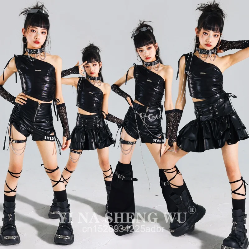 Girls K-pop Shiny Crop Top Skirts Street Dance Cargo Pants Kids Hip Hop Jazz Girl Group Clothes Sets Children Streetwear Costume