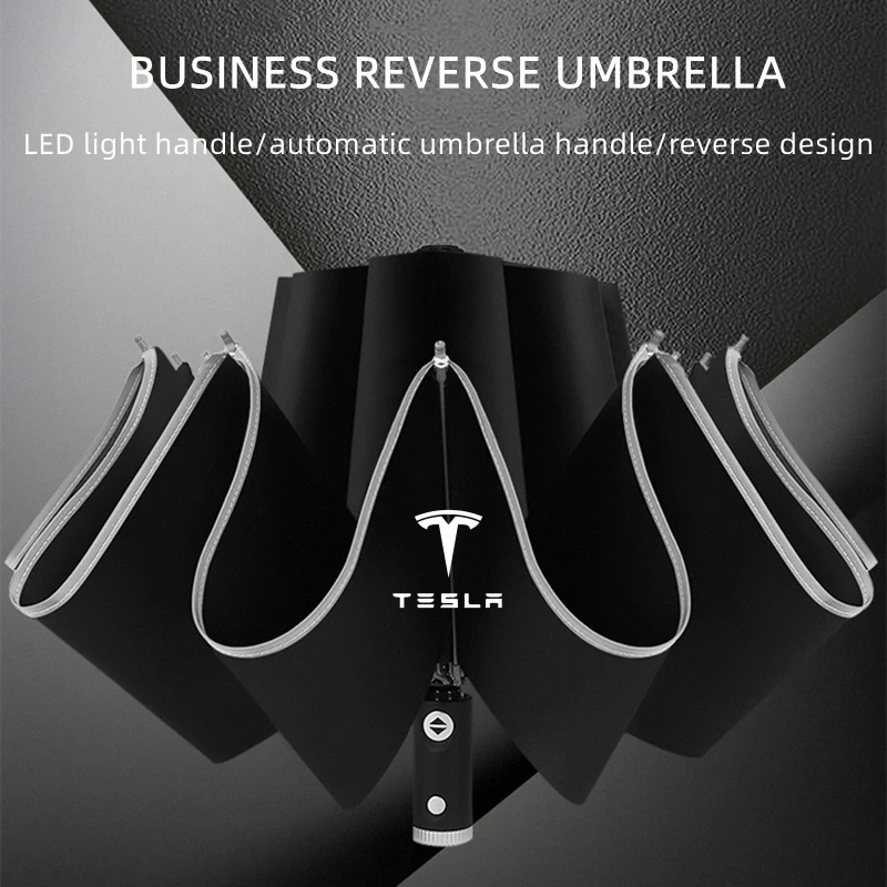 Fully Automatic UV Umbrella With LED Flashlight Reflective Stripe Reverse Umbrella For teslas model 3 model X Y S