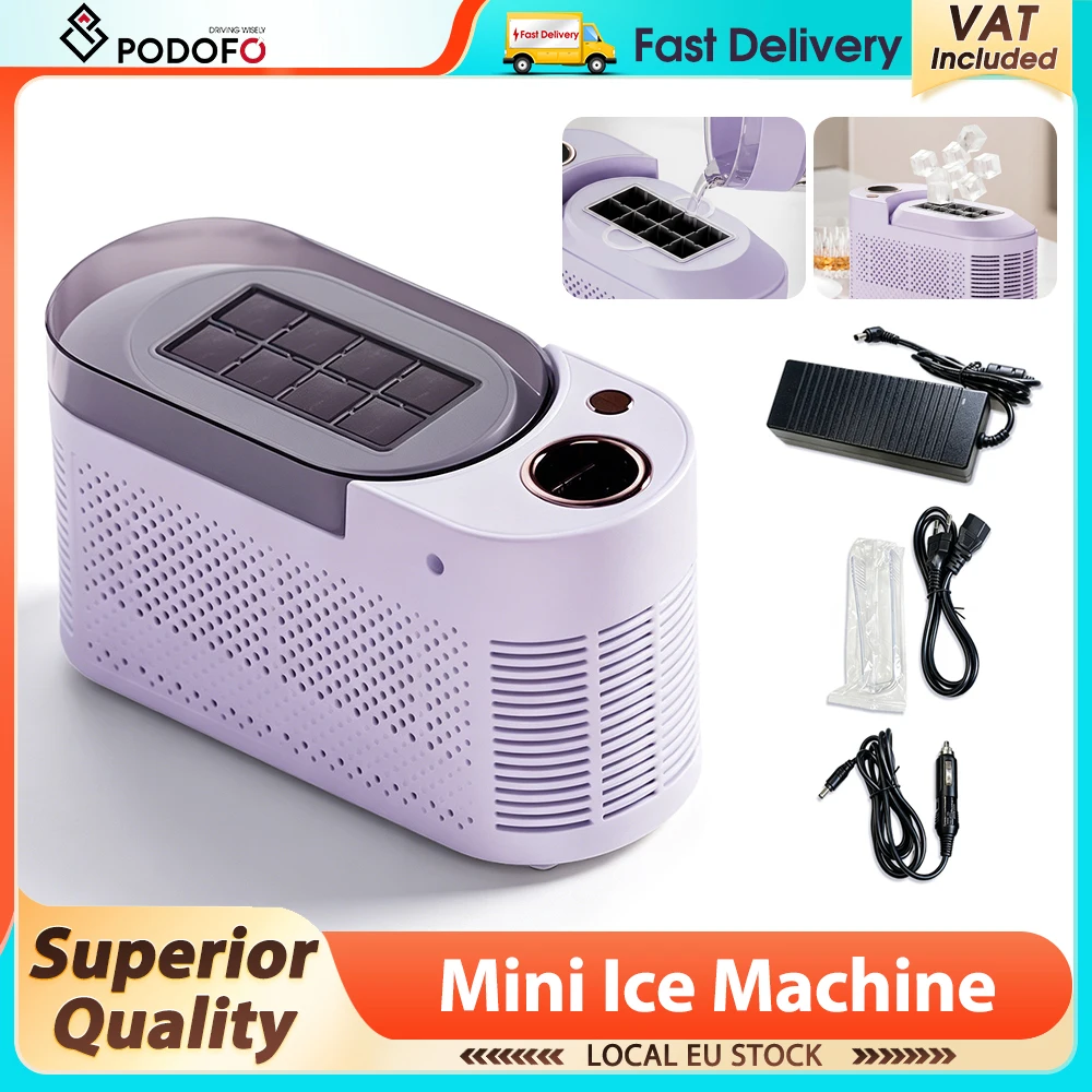 Podofo 120W tragbarer Eiswürfelbereiter für die Arbeitsplatte, 8 Würfel, Mini-Eismaschine für Büro, Bar, Haushalt, DIY, Auto, 12V, einfache Reinigung