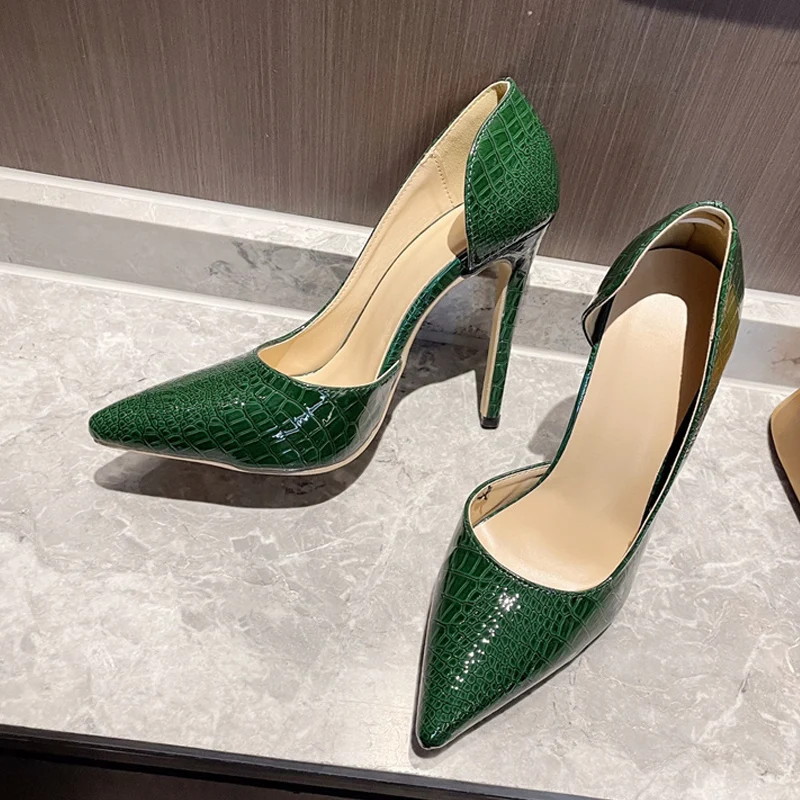 Liyke Green Snake Print Leather Women High Heels Pumps Party Nachtclub Stripper Shoe Sexy Slingback Shallow Pointed Toe Stiletto