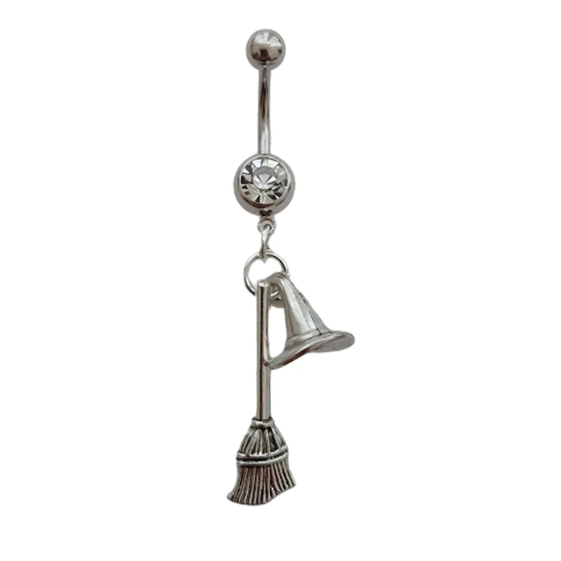 

3D Witch Hat and Broom Belly Button Ring, Cool Stainless Steel 14G Navel Barbell Ring with Pendant, Piercing Body Jewelry