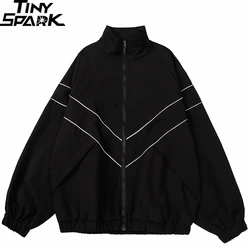 Men Hip Hop Streetwear Reflective Striped Jacket Coat Zipper Up Jacket Windbreaker Harajuku Thin Jacket Sports Black Blue