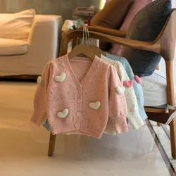 2023 Autumn New Girls' Sweater Cardigan Children's Clothing Winter Handmade Sweater Love Top Knitted Sweater Children's Jacket