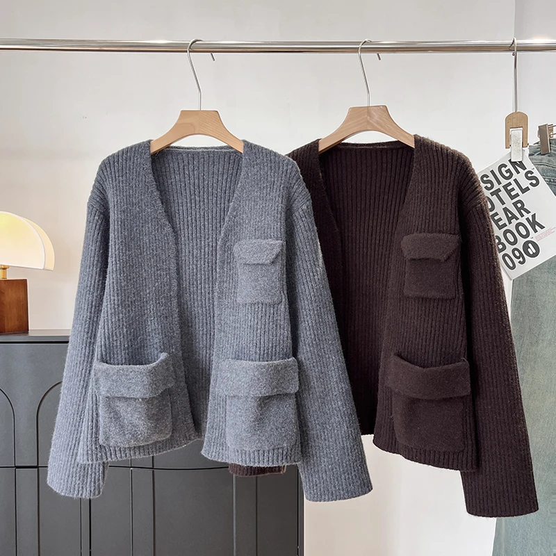 

Скандинавский маленький C! Мягкий красивый вязаный кардиган из смеси шерсти 300, свитер, верхняя одежда, повседневная свободная посадка, длинный свеч V-Ne