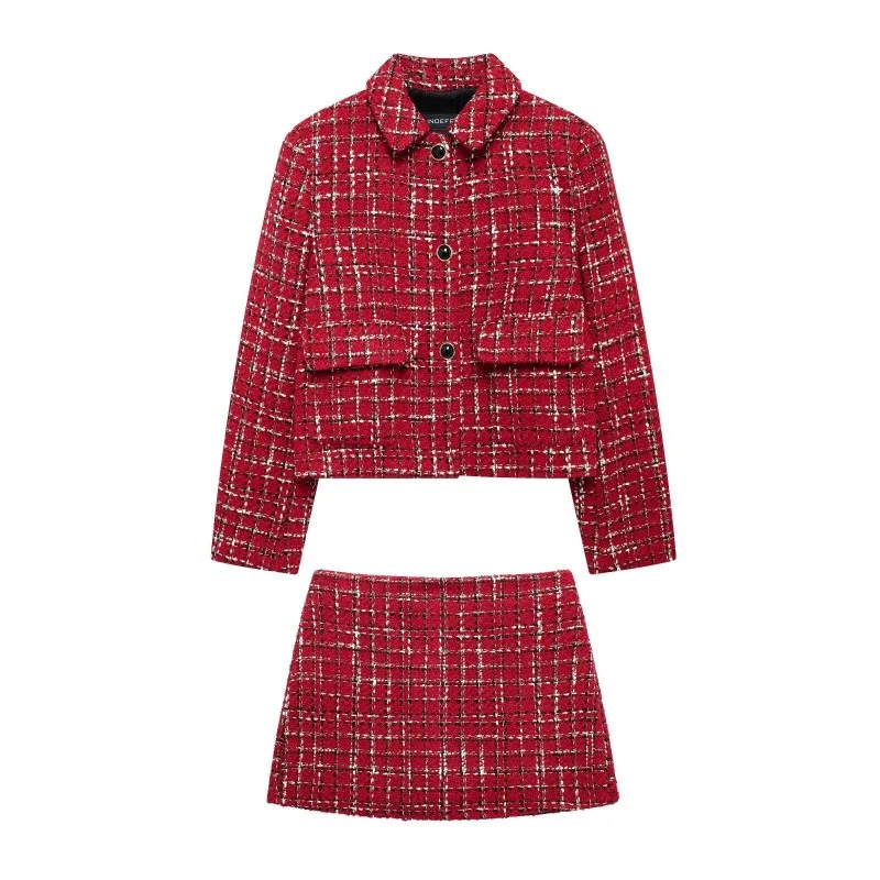 Red tweed small fragrant French celebrity hip-wrapped waist suit