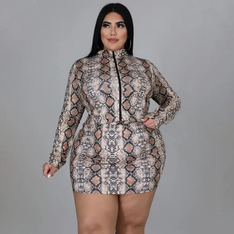 KEXU Leopard Print Women Plus Size Set Full Sleeve Zipper Coat Cut Out Strapless Mini Dress Two 2 Piece Sets Fashion Outfit