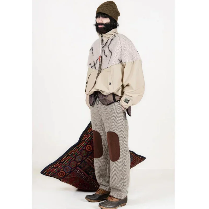 KAPITAL Hirata Hohiro Warm Wool Fleece Suede Patch Men's and Women's Loose Elastic Casual Japan Style Pants High Street