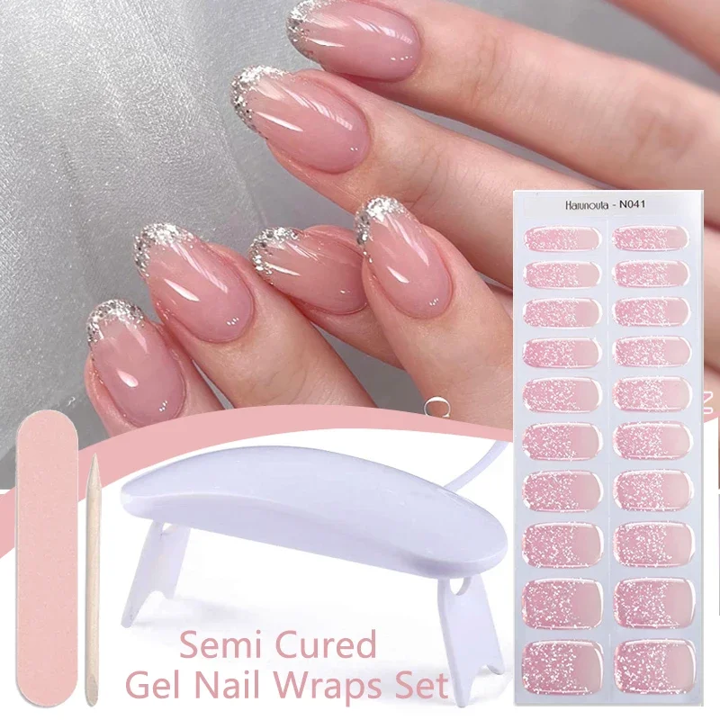 4pcs/set Gradient Jelly Semi Cured Gel Nail Strips with Nail Lamp Nude Pink Waterproof Nail Stickers Long Lasting Wrap