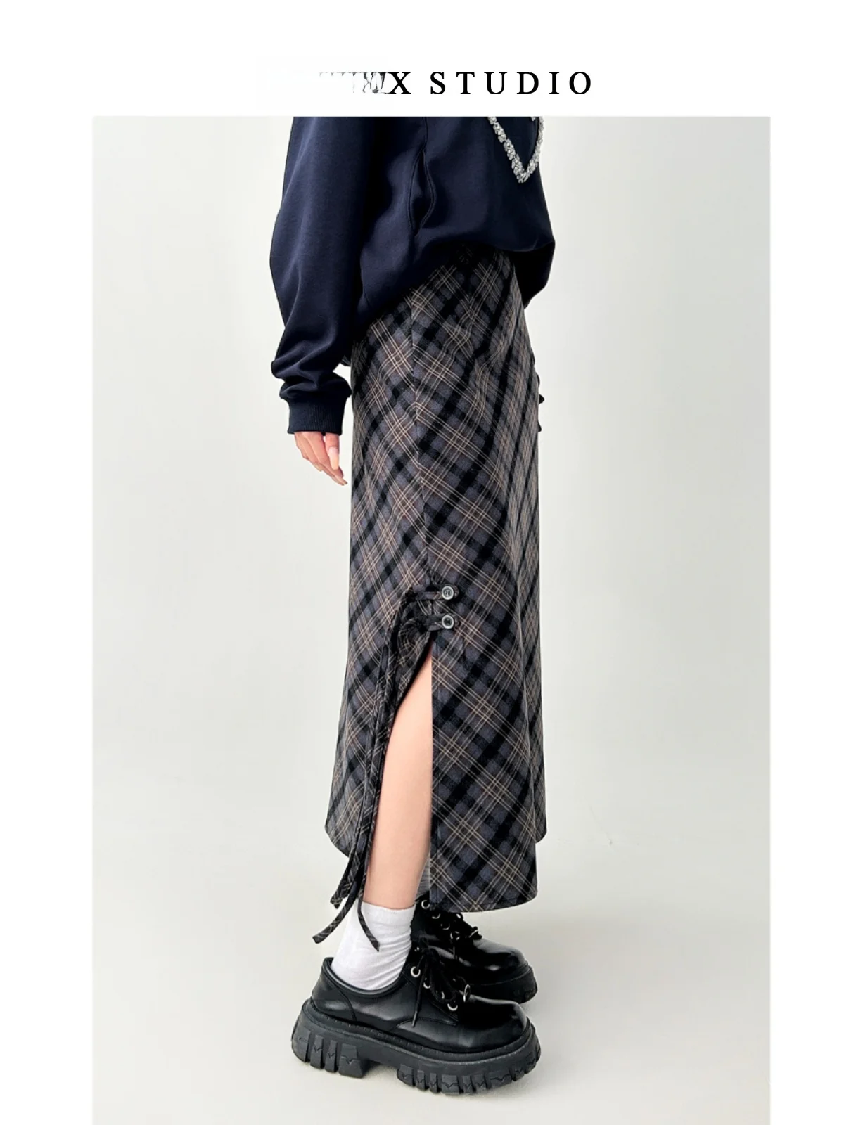 plus maat Amerikaanse retro geruite midi-rok dames lente herfst winter A-lijn micro plus maat open splitrok