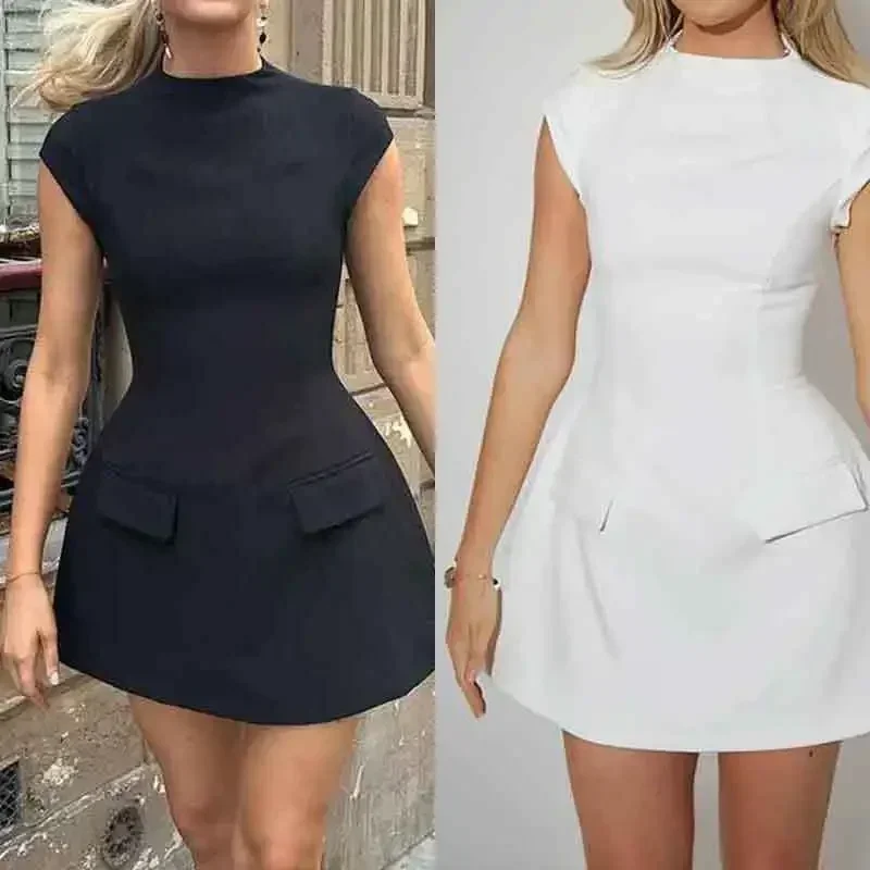 

Elegant High Waist Bodycon Mini Dress Women Fashion Round Neck Short Sleeve Zipper Dresses 2023 New Chic Y2k High Street Vestido