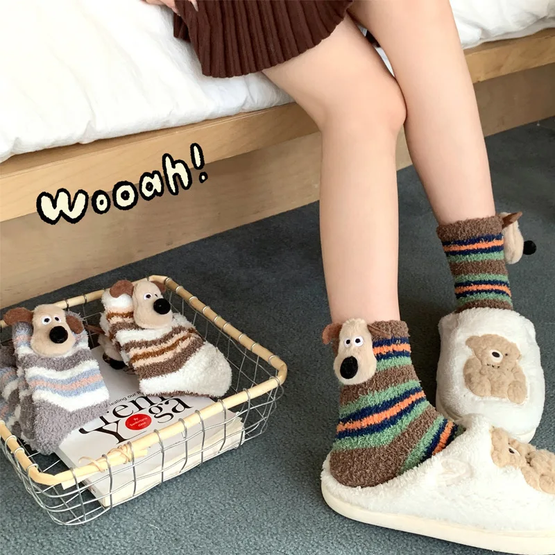 Cute dog Korean Coral fleece Socks Thick Women Winter Warm Long Sock Home Sleep Plush Socks Harajuku Stripe Girl Sokken Sox