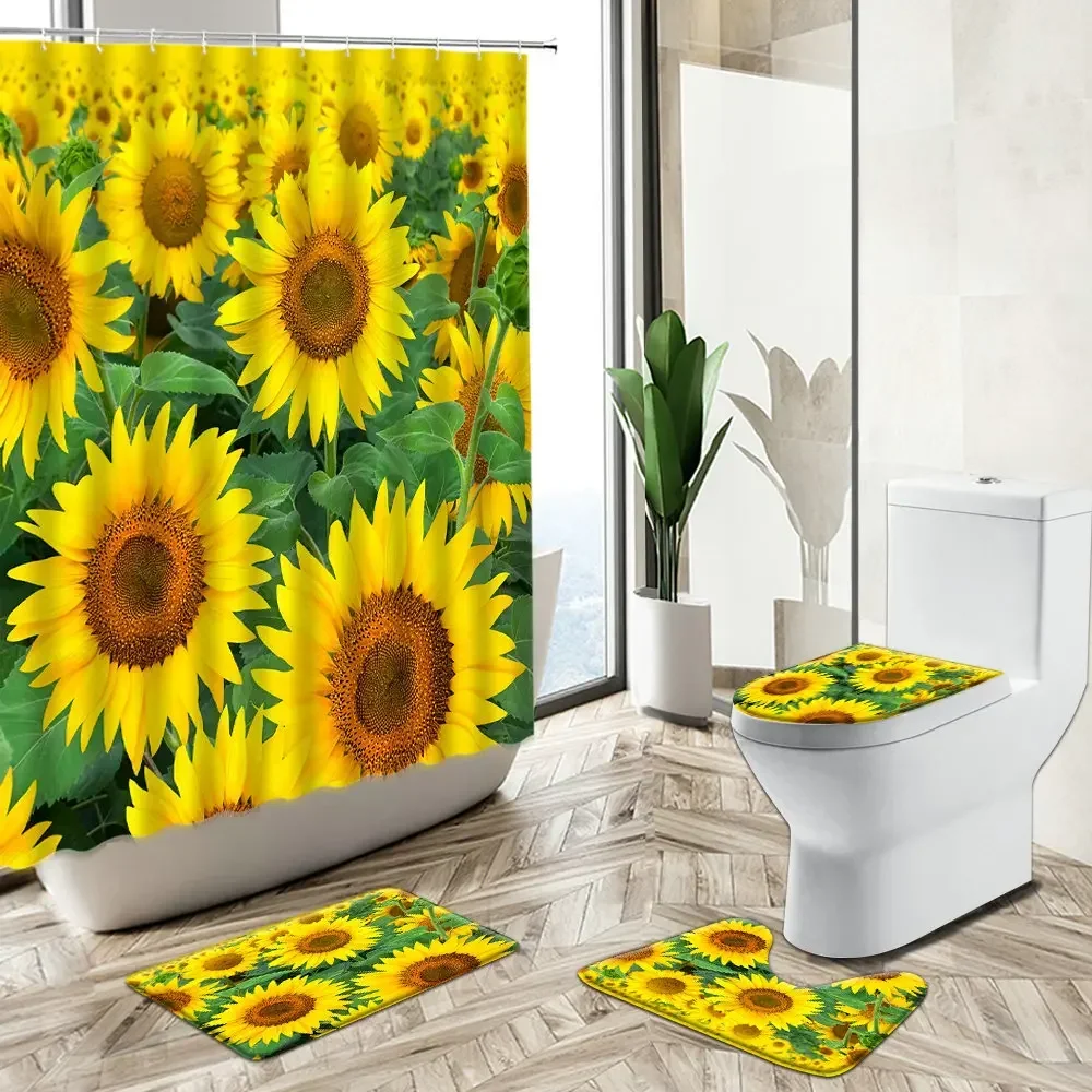 Sunflower Natural Scenery Shower Curtain Yellow Flower Bathroom Set Rural Farmhouse Decor Non-Slip Carpet Toilet Cover Floor Mat