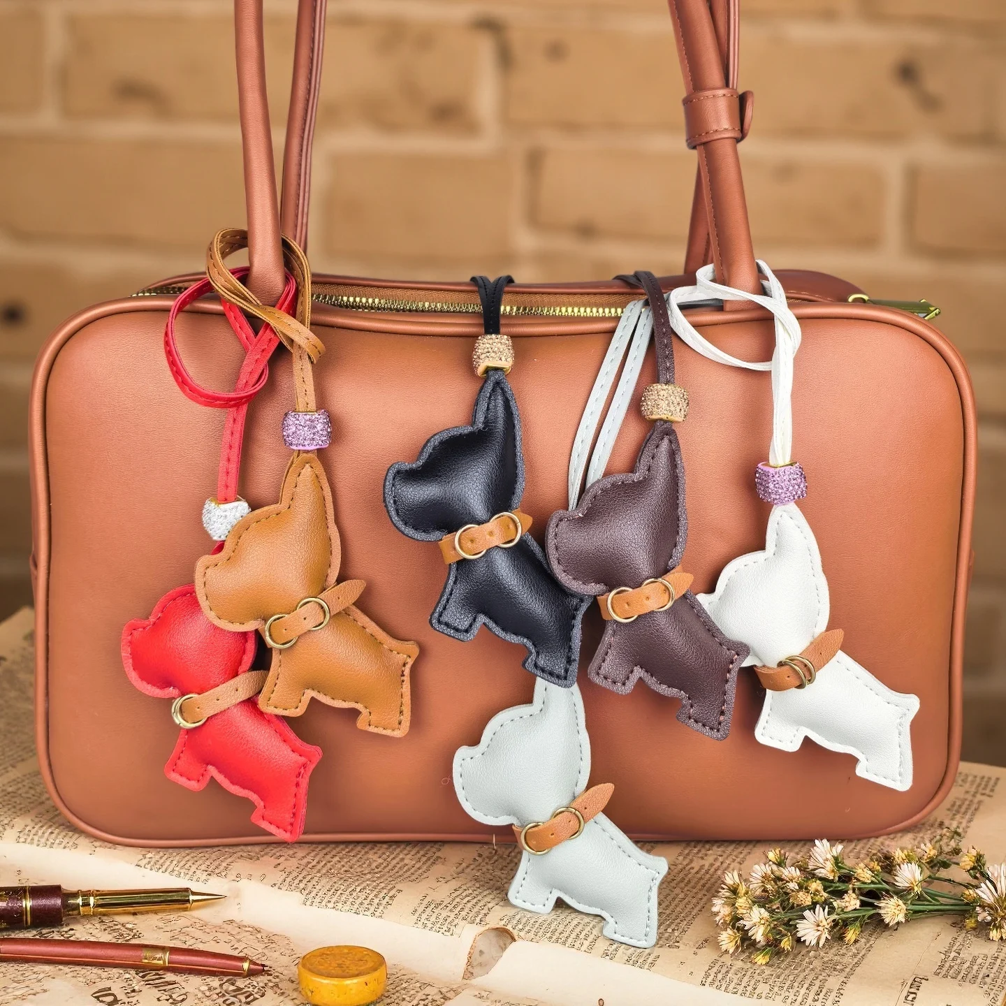 Handmade PU Leather French Bulldog Bag Charm, Cute Puppy Purse Accessory with Rhinestone Bling Beads & Cool Collar, Unique Gift